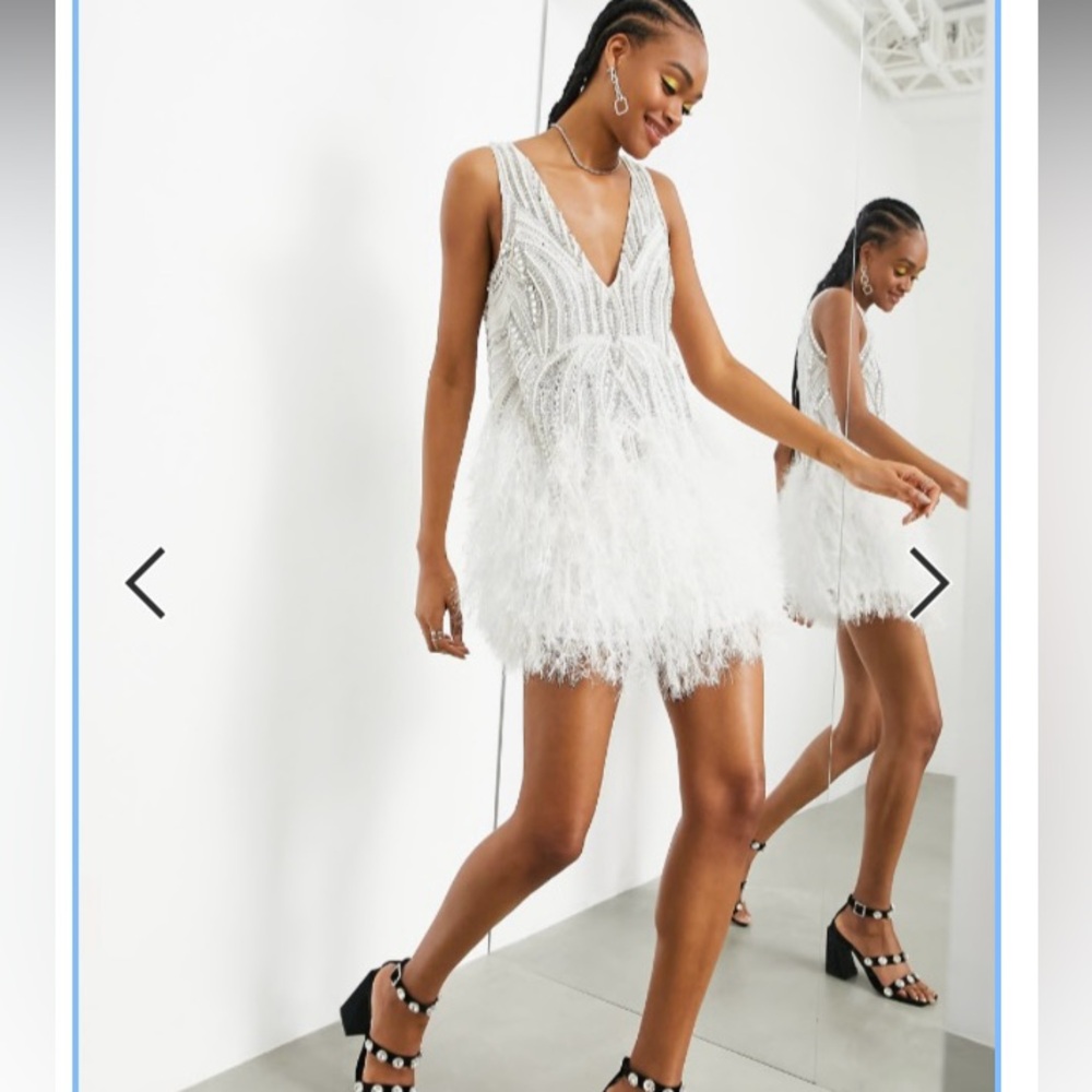 ASOS EDITION crystal and bead mini dress with faux feather hem in white